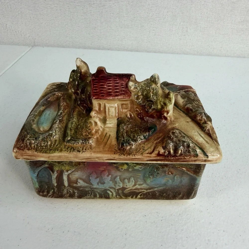 Vtg 50's Hand Paint Porcelain 3-D Trinket Jewelry Box Tray Japan Tree House Lake